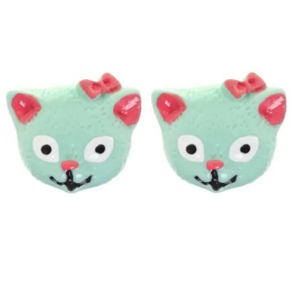 Mint Green and Pink Cat Studs - 1950s Kitsch Vintage Inspired Kittens Cute NWT - Picture 2 of 2